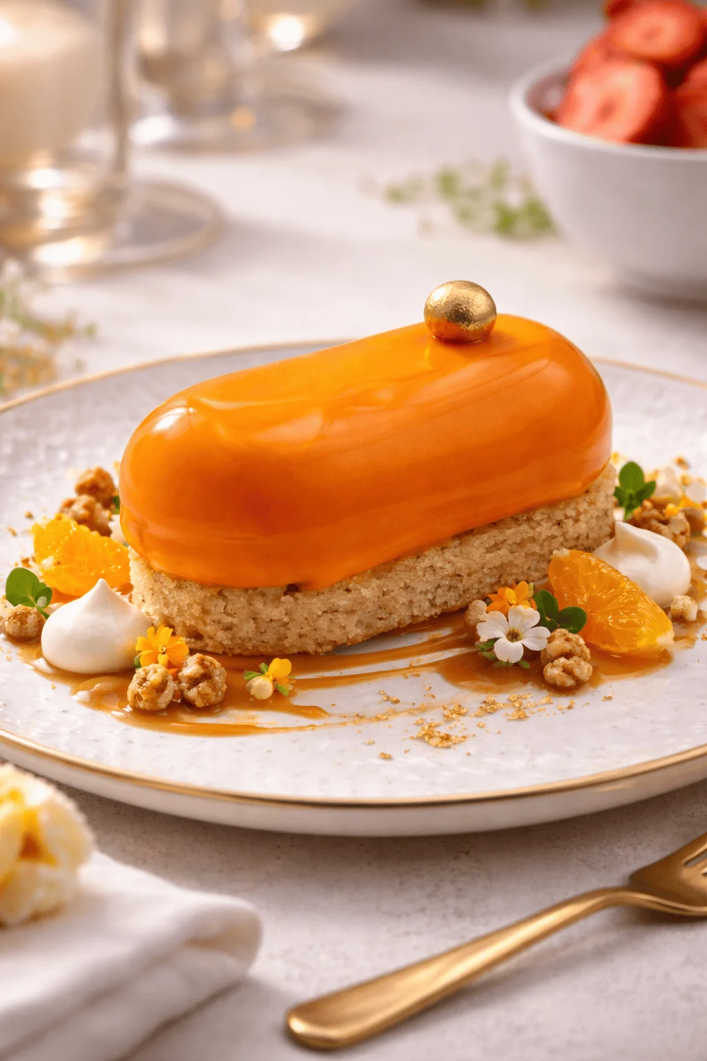 Postre individual de mousse de queso, cítricos y turrón sobre base de bizcocho de clavo, decorado con gragea de chocolate dorada