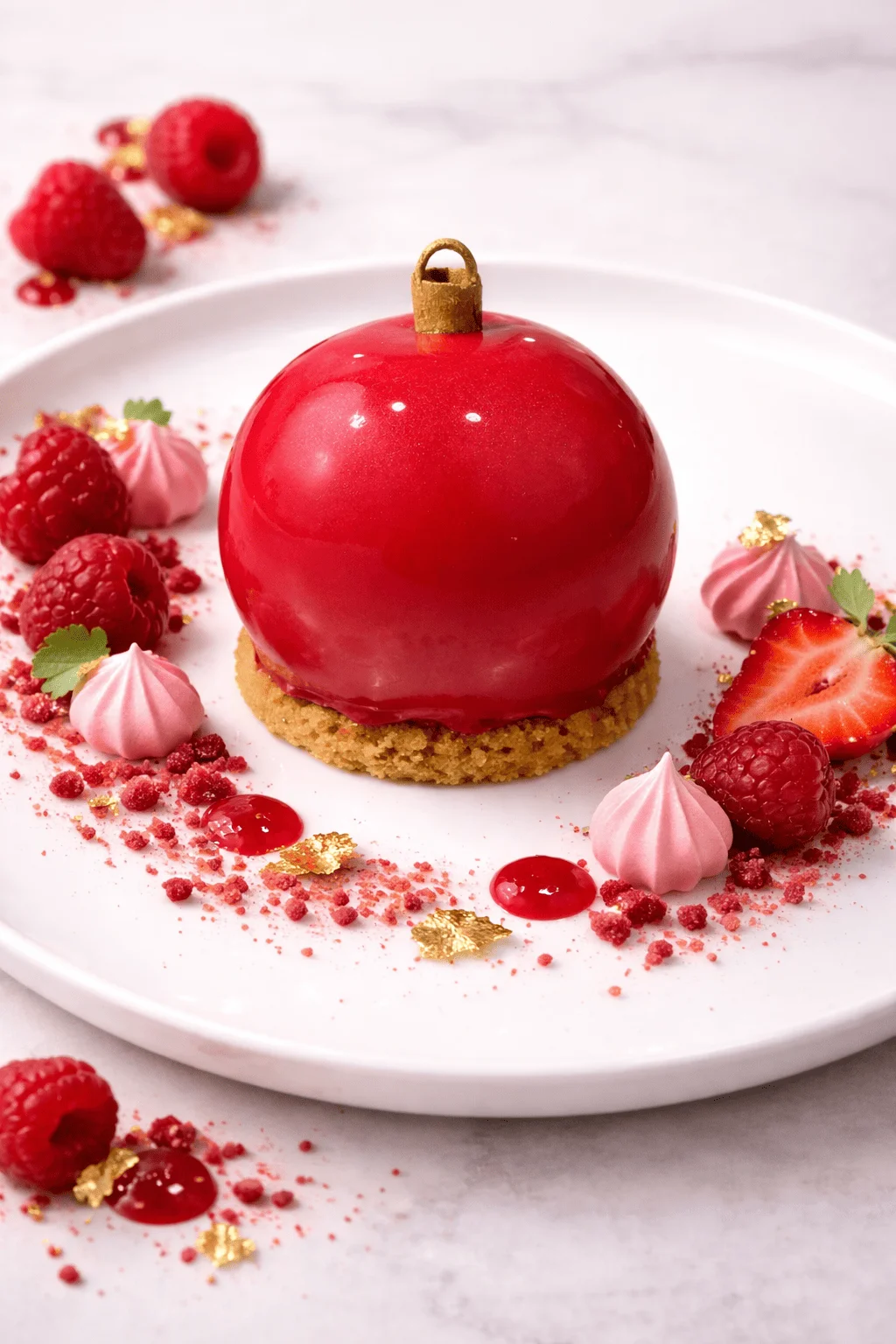 Mousse de turrón con interior de crema de roscón y acabado inspirado en bola de Navidad