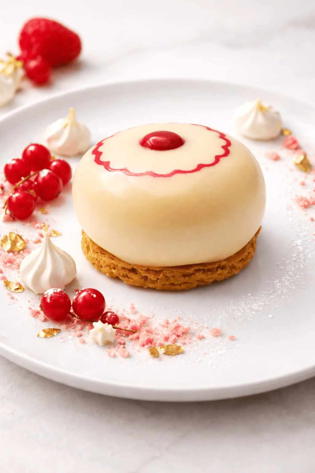 Cheesecake tradicional individual con toque de gelée de frambuesa, presentada sobre plato en mesa de evento.