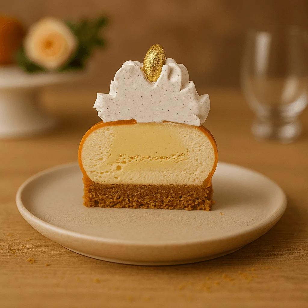 presentacion de Corte de mousse de galleta con crema inglesa de natillas y base de galleta texturizada sobre plato blanco