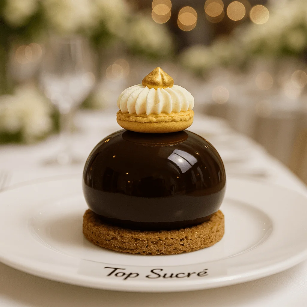 Postre de chocolate negro glaseado con brillo espejo, sobre base crujiente de galleta, coronado con macaron, chantilly y una perla dorada, emplatado en plato de Top Sucré en mesa de celebración.