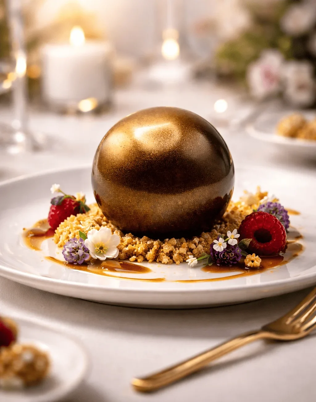 Esfera de mousse de chocolate blanco con interior de chocolate y acabado espejo negro
