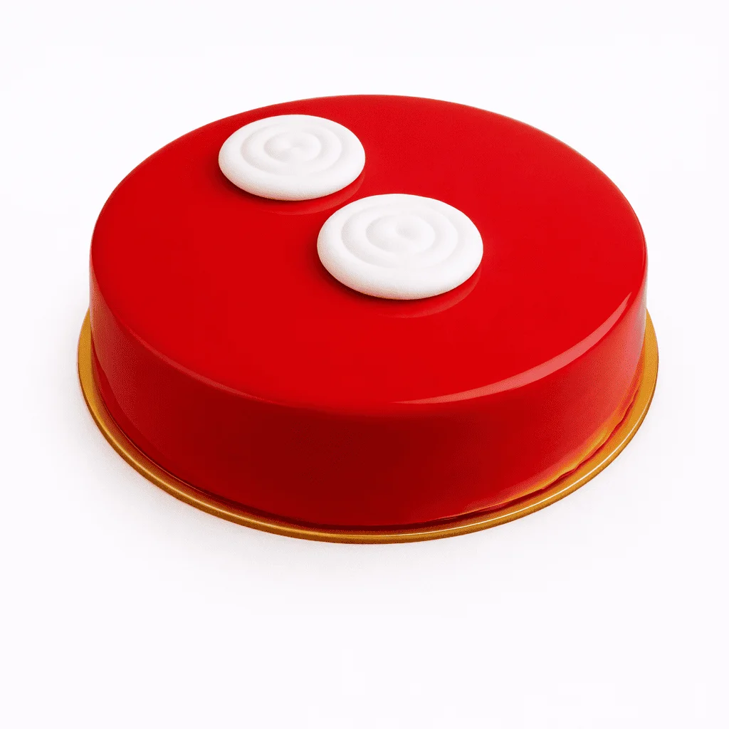 Tarta de chocolate blanco con interior de fresas, de acabado brillante y textura cremosa, presentada entera sobre fondo blanco.