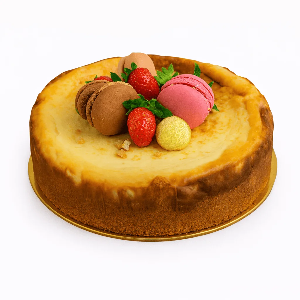 Tarta de queso horneada con base dorada, decorada con macarons de chocolate y frambuesa, fresas frescas y detalles de chocolate, presentada sobre fondo blanco.