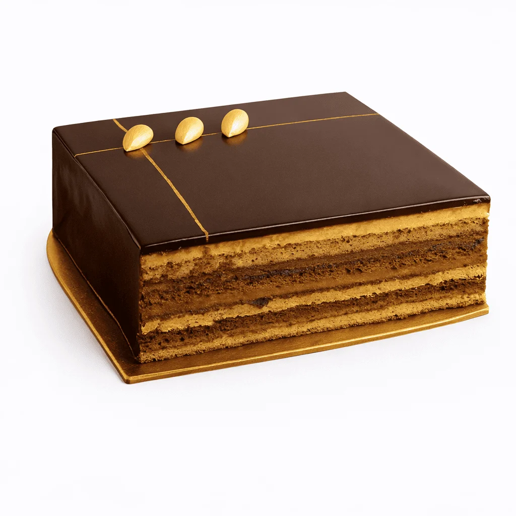 Tarta Ópera de capas finas de bizcocho, crema de café y chocolate, con acabado elegante y presentación sobre fondo blanco.