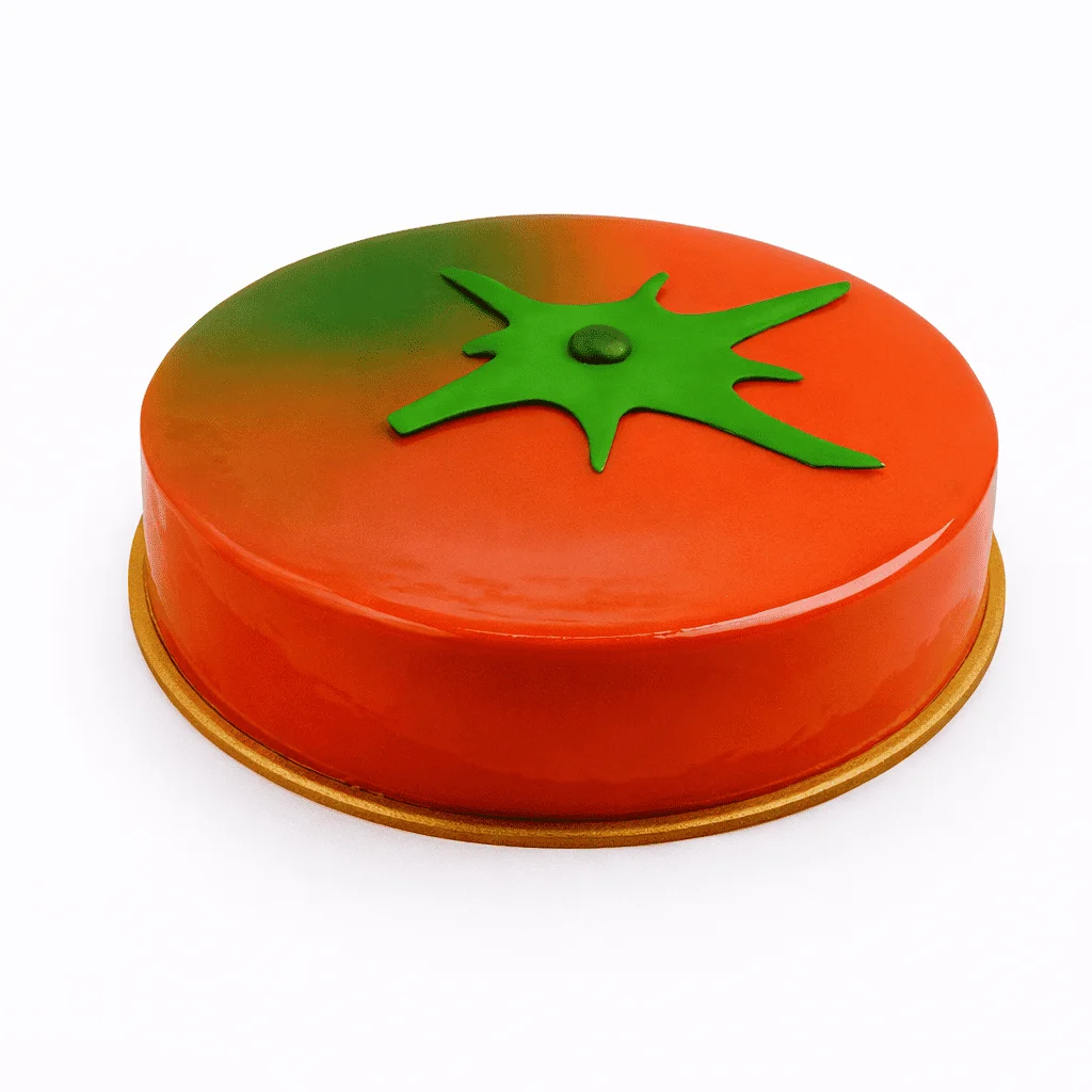 Tarta de naranja en textura con acabado brillante y degradado de color, presentada entera sobre fondo blanco.