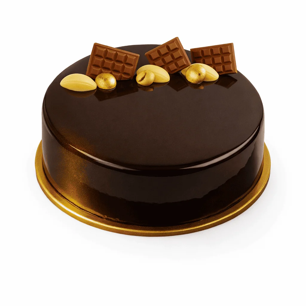 Tarta de chocolate 70 % y vainilla con capas definidas, textura cremosa y acabado brillante, presentada entera sobre fondo claro.